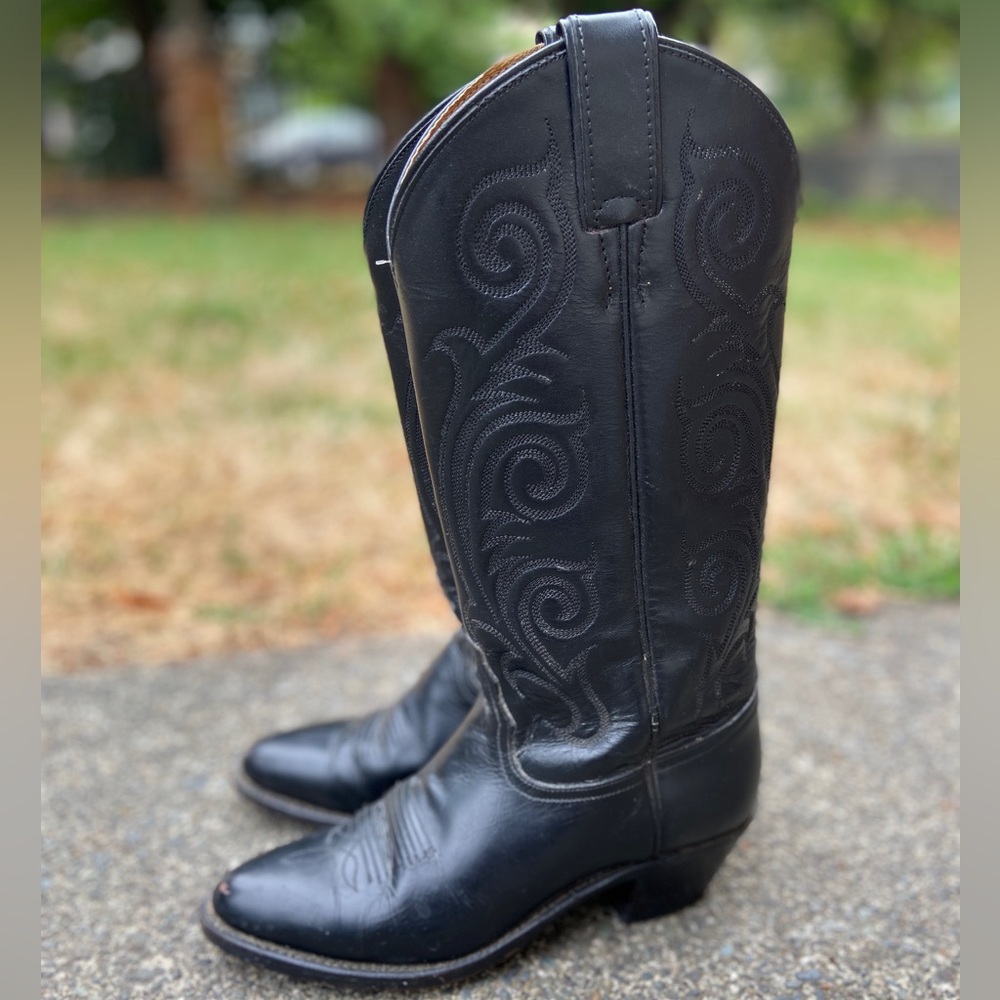 Tony Lama Black Leather Western Heeled Boots - Picture 3 of 15